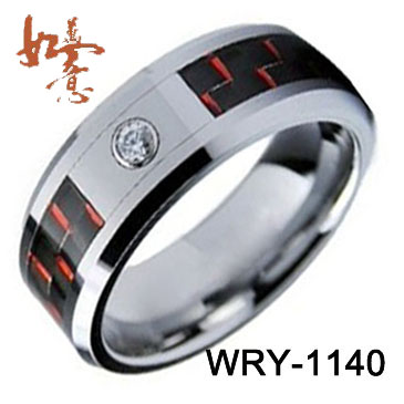 Black and Red Carbon Fiber CZ Tungsten Ring
