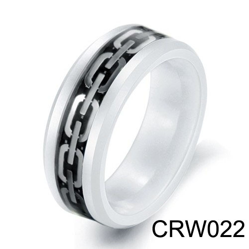 Silver Chain inlay White Ceramic Ring CRW022