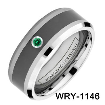 Tungsten ring with black ceramic and green CZ