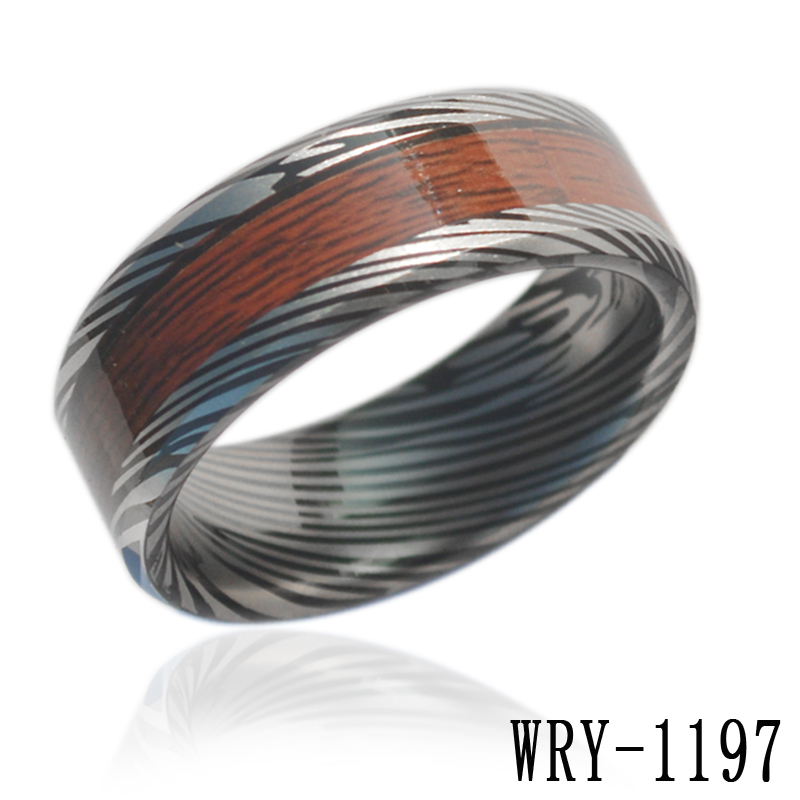 WRY-1197 Wood inlay Damascus Tungsten Band