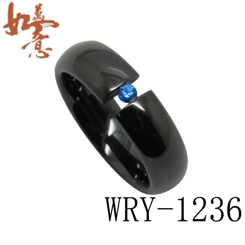 Blue CZ inlay Black Ceramic Ring WRY-1236