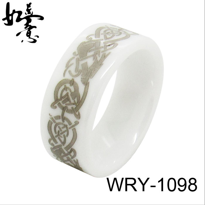 White Ceramic Ring with Dragon Engraved WRY-1098