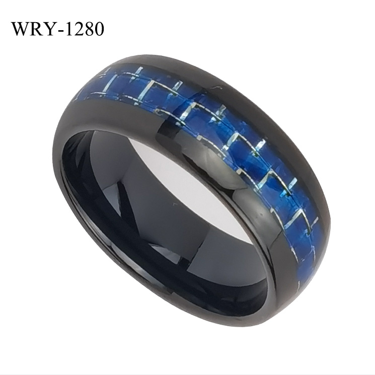 Dome Blue Carbon Fiber inlay Black Tungsten Ring
