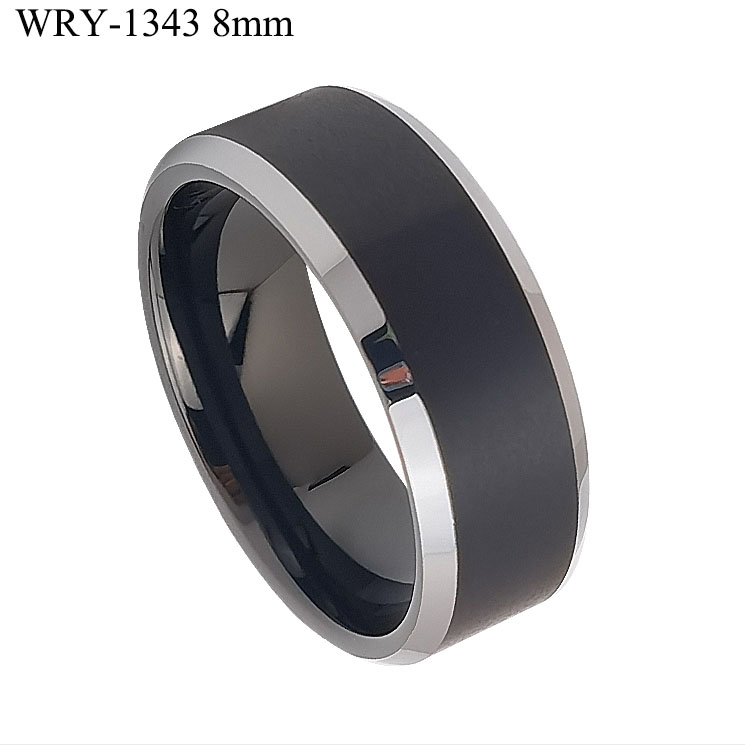 Silver Edges Brushed Black Tungsten Ring