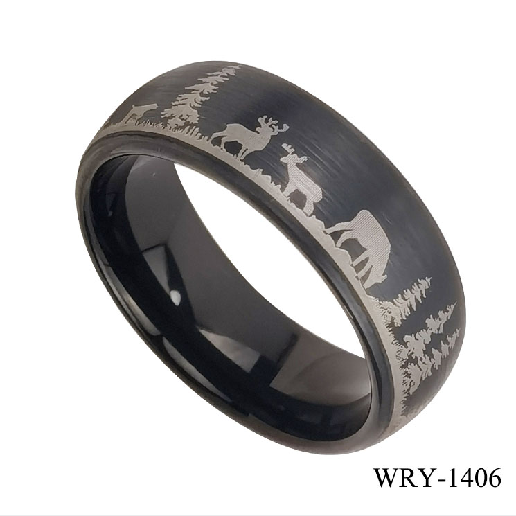Deer Forest Engraved Black Tungsten Ring